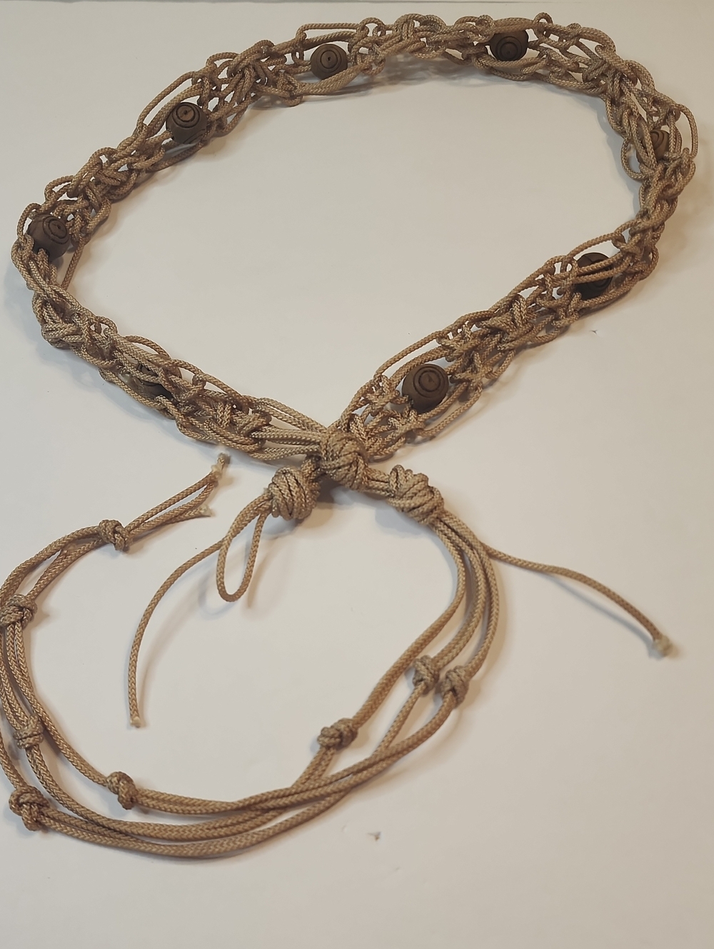 Vintage Boho Cord & Wood Macrame Beaded Woven Natural Rattan Belt Light Brown